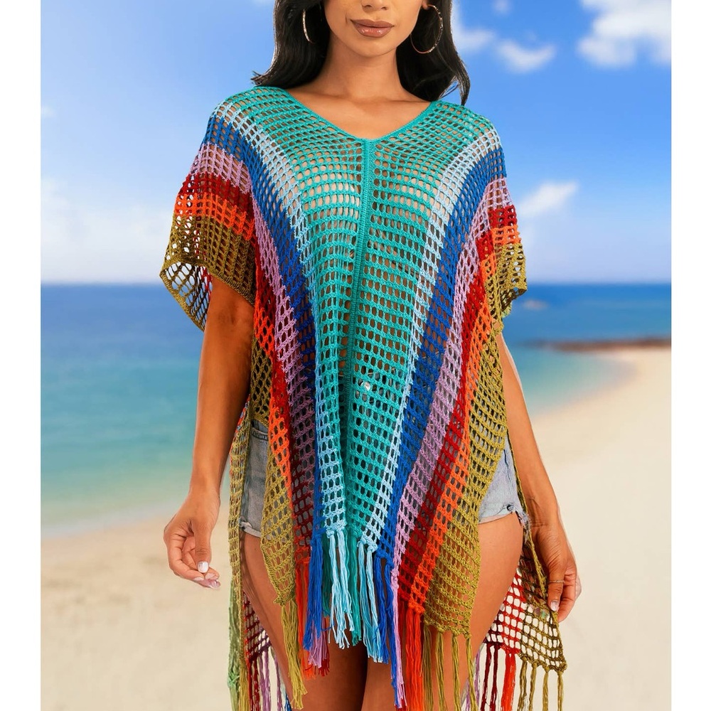 Multicolor Rainbow Striped Crochet Swim Coverup